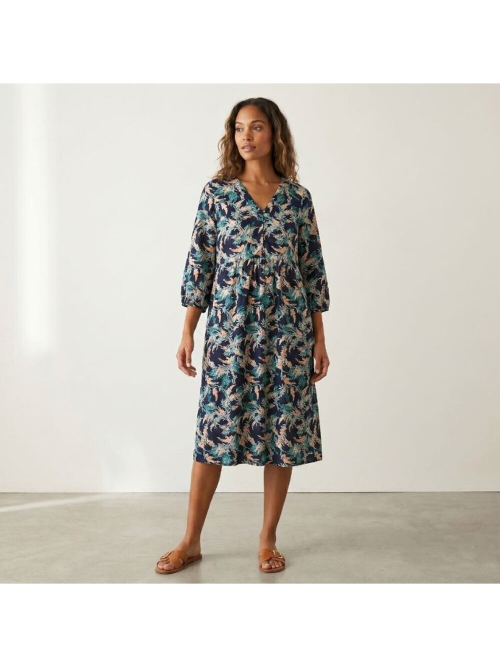 J. Jill Exotic Blooms V-Neck Cotton Dress Large Tall Navy Floral Midi